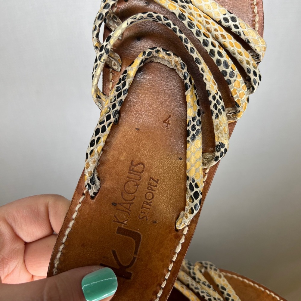 K. Jacques St. Tropez Women Snakeskin Strappy Leather Sandals Yellow Tan Size 37 - Picture 5 of 6